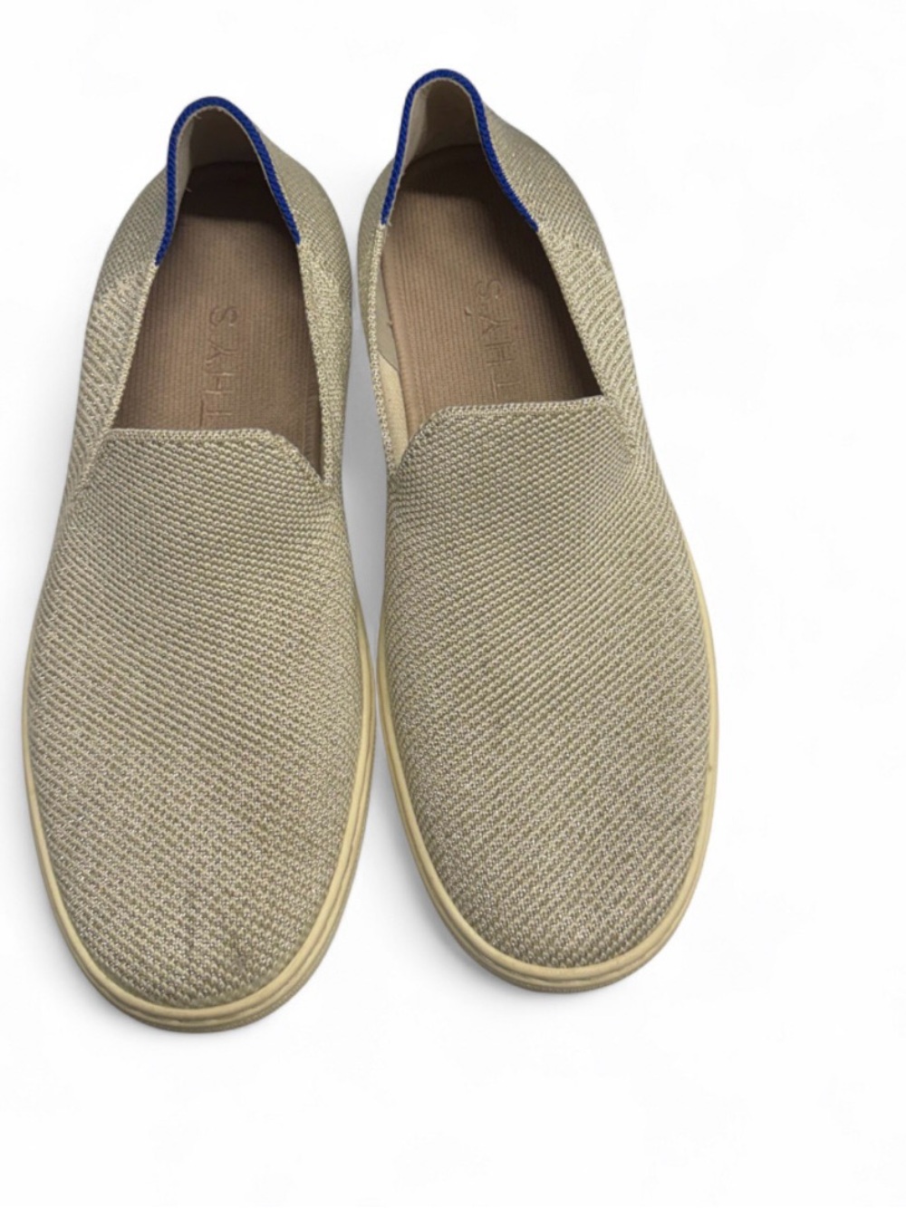 Rothy’s Silver Metallic Knit Slip-On Sneakers Gold Stripe Heel Size 8